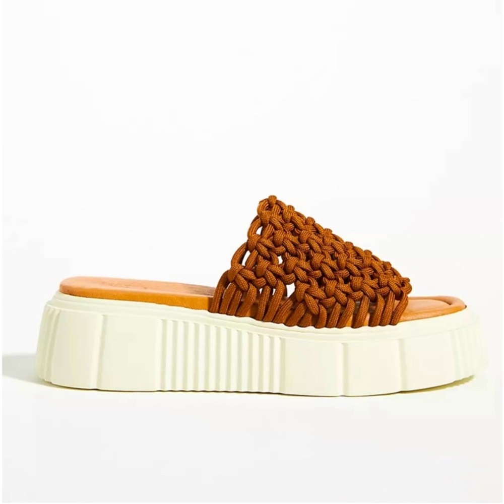 Anthropologie Brown Woven Platform Slide Sandals with Cream Soles - Picture 2 of 6